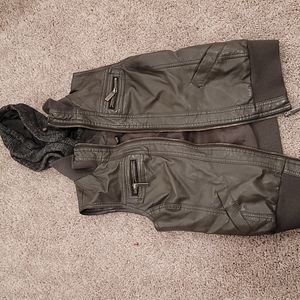 Grey faux leather vest with hood. Medium